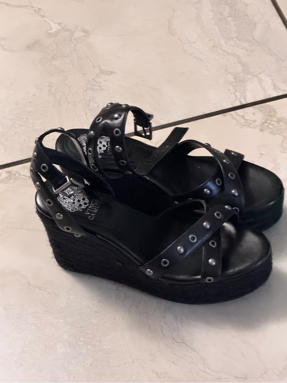 Vince Camuto Black Studded Wedge Sandals